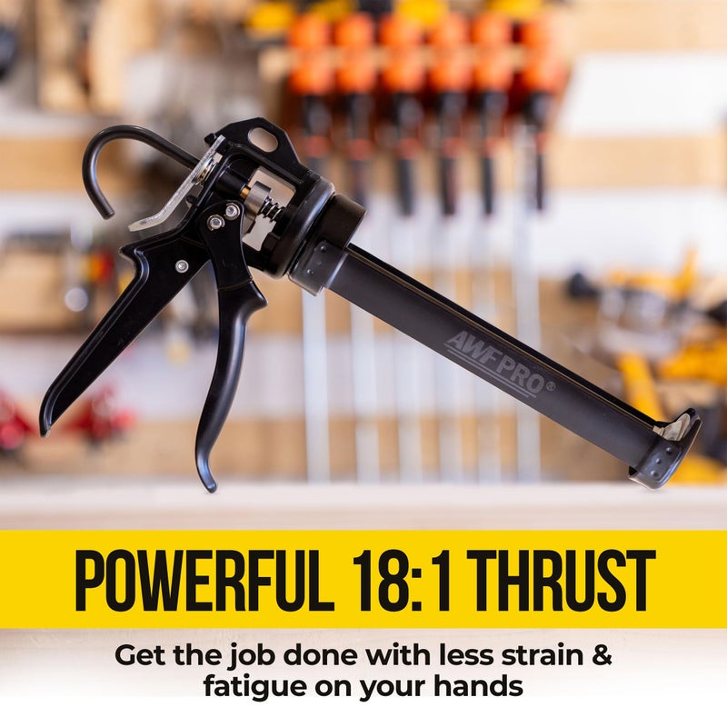 AWF PRO Heavy Duty Caulk Gun, 18:1 Thrust Ratio, Steel Frame Construction, Rotating Barrel, Ladder Hook, Puncture Tool & No Drip Pressure Release Tab, 29 oz Caulking Gun - Image 5